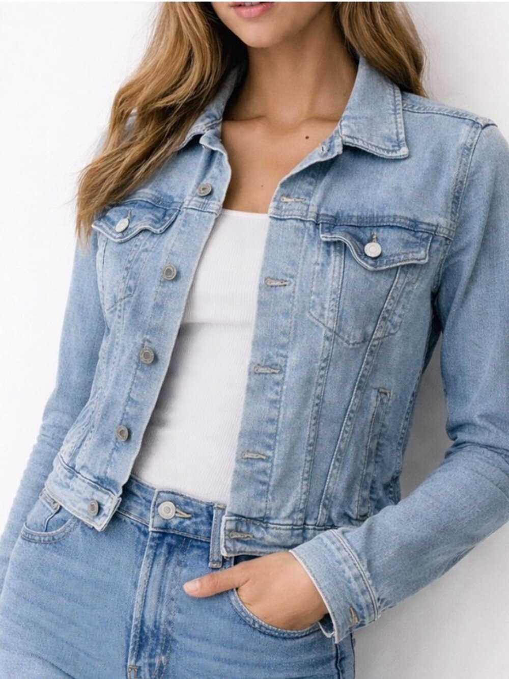 H&M CONSCIOUS DENIM JEAN JACKET STRETCH Y2K 90's LIGHT WASH COASTAL COWGIRL 6